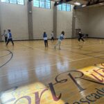 winter campers playing dodgeball
