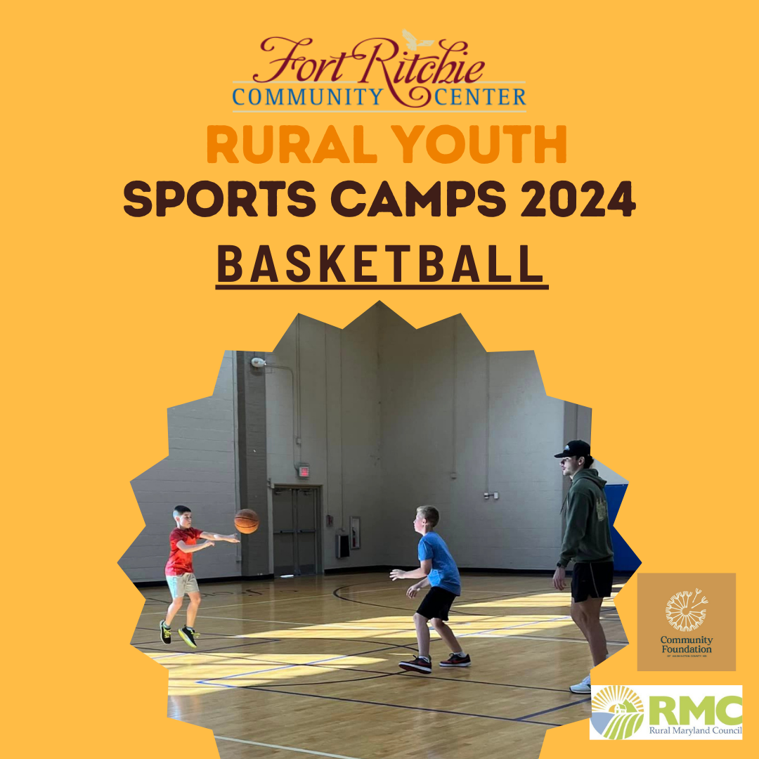FRCC logo - rural youth sports camps 2024 basketball. inset of two youth learning basketball skills with a coach, RMC logo, Community Foundation of Washington County logo.