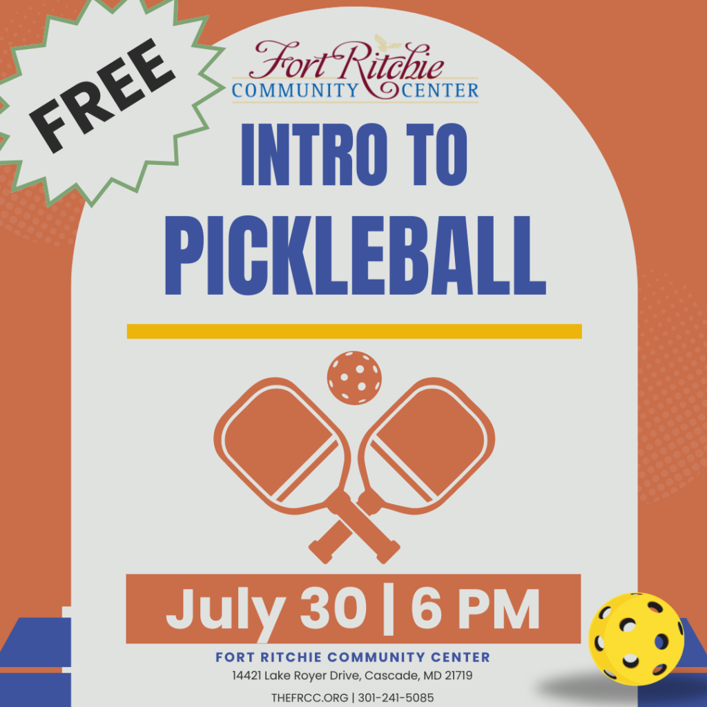 frcc logo, text: intro to pickleball july 30 at 6 pm. FRCC address, website and phone number. Free!